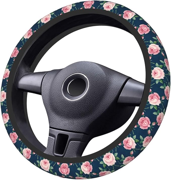 Rose Navy Floral Neoprene Steering Wheel Covers Women Men Car Accessories, Universal 15 Inch Fit Auto, Suvs, Truck