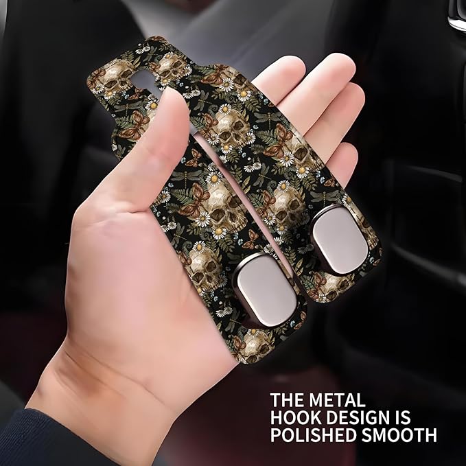 NUGGHU Car Seat Headrest Hook, Universal Leather Cute Hanger Holder Hook, Storage Organizer Interior Accessories for Purse Bags Handbag Cute Retro Flower Skulls