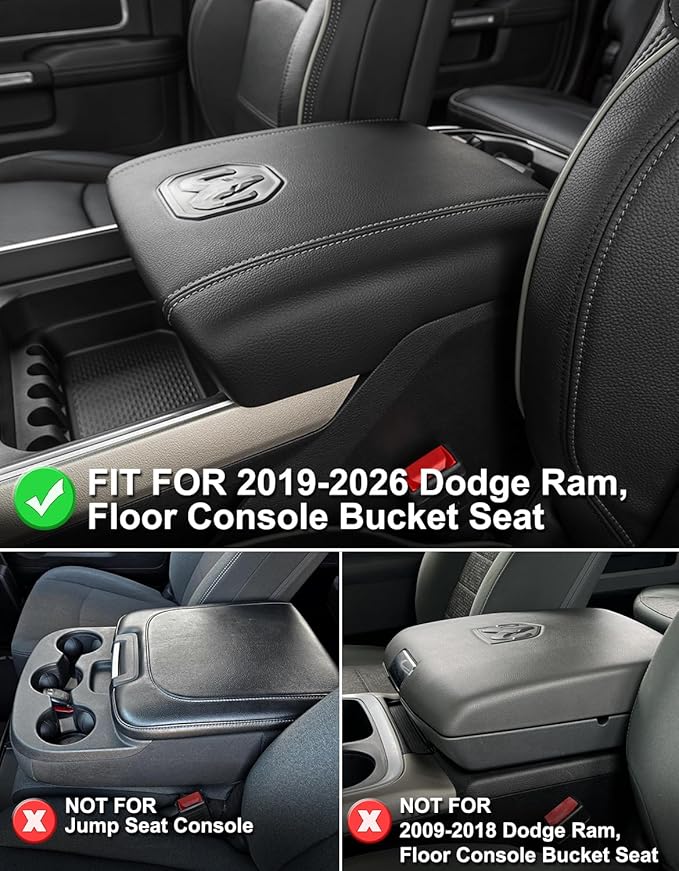 KBH Center Console Armrest Cover for 2019-2026 Dodge Ram 1500 2500 3500 5th Gen, Floor Console Bucket Seat, Arm Rest Cushion Pad Protector, Vinyl Leather, Black-Gray Stitches