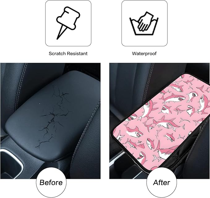 JANENFNA Car Armrest Cover Pads Universal Fashion Cute Auto Center Console Armrest Cover Pad with 2PCS Car Coasters Soft Waterproof Car Armrest Seat Protector for Women,Pink Shark Pattern