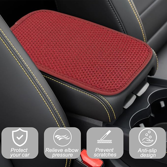 Mandark Car Center Console Cover, Ice Silk Breathable Automobile Armrest Seat Box Cushion Pad, Non Slip Vehicle Interior Protector Accessories, Universal for SUV, RV, Truck (Wine Red)