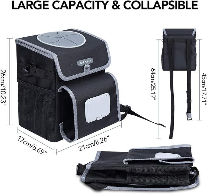 Farasla All-in-One Car Trash Can, Garbage Bag for Car with Removable Leakproof Interior Liner, Adjustable Tissue Holder & Straps(Black)