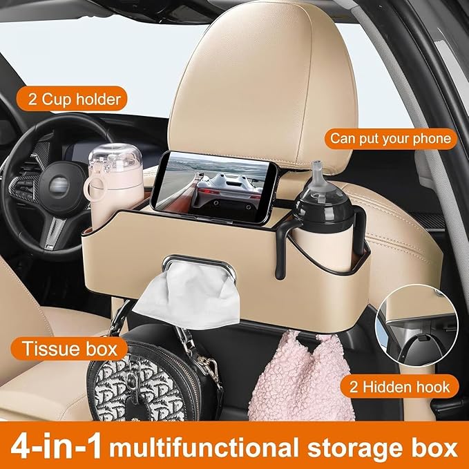 3-In-1 Car Backseat Organizer, 2026 New Multifunctional Car Seat Back Storage Box with Hooks and Phone Holder, Car Cup Holder Organizer for Hold Phone, Snacks, Drinks, Handbag (Purple)