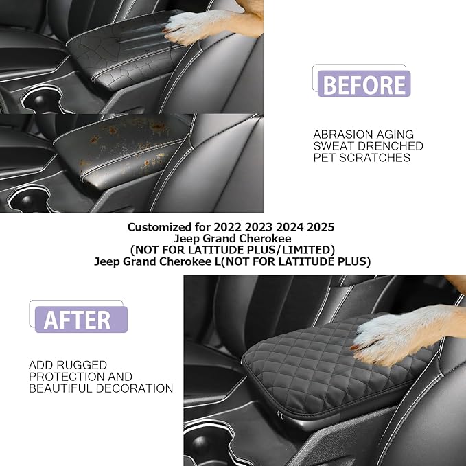 LUWU Grand Cherokee Center Console Cover Compatible with 2022 2023 2024 2025 Jeep Grand Cherokee Accessories Grand Cherokee Armrest Console Cover Armrest Cover Center Console Pad Soft Leather Black