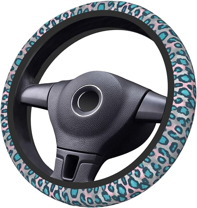 Cheetah Print Blue Car Steering Wheel Cover, 15 Inch Steering Wheel Cover Stylish Decor for Most Cars