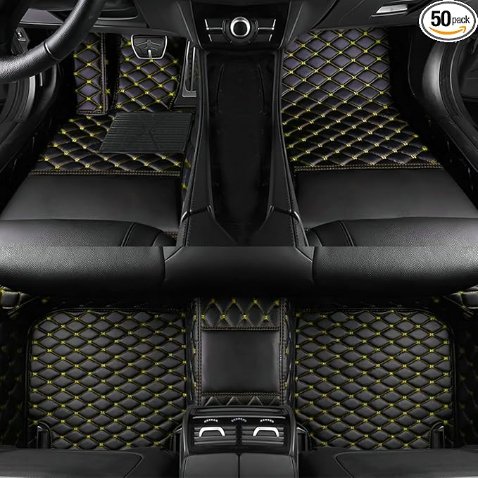Custom Personalized Floor Mats for Cars，Luxury Full Coverage All Car Floor Mats，Anti-Slip Leather Car Mat Set ，Custom Floor Mats for 99% of Cars, Trucks & SUVs. (Black Yellow)
