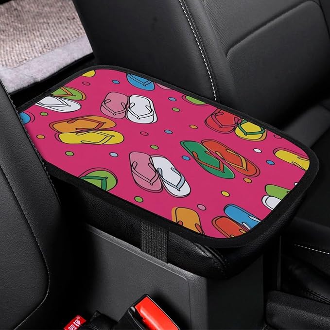 Colorful Flip Flops Pattern Car Center Console Decor Handrail Armrest Box Cushion Interior Covers Car Protector Pad Lid Cover Accessories Universal Fit for Auto Truck Vehicles