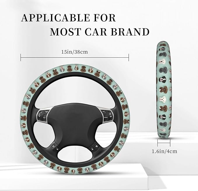 Neoprene Steering Wheel Cover Pit-Bulls Heads Pattern Car Steering Wheel Cover Universal Fit for Most Cars