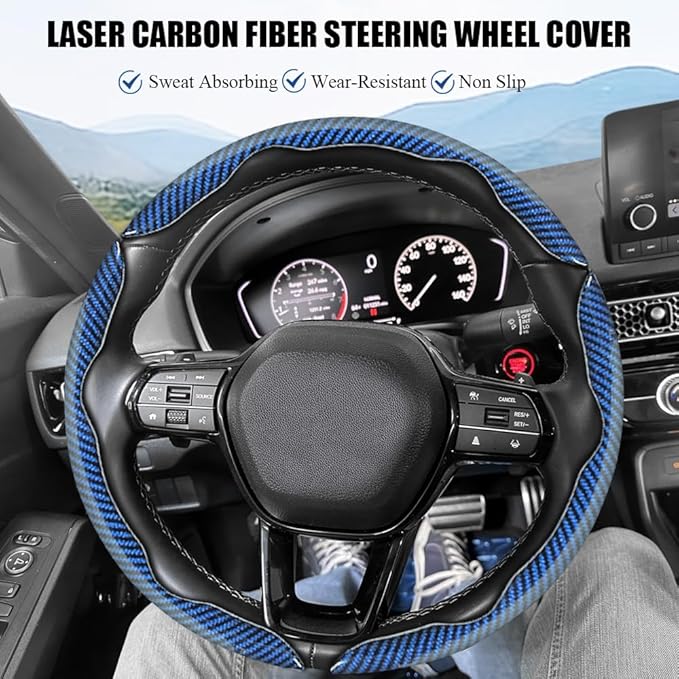 JDDRY Universal Car Steering Wheel Cover,Non-Slip Bright Carbon Fiber Steering Wheel Protector,Car Interior Accessories(Blue,3PC)