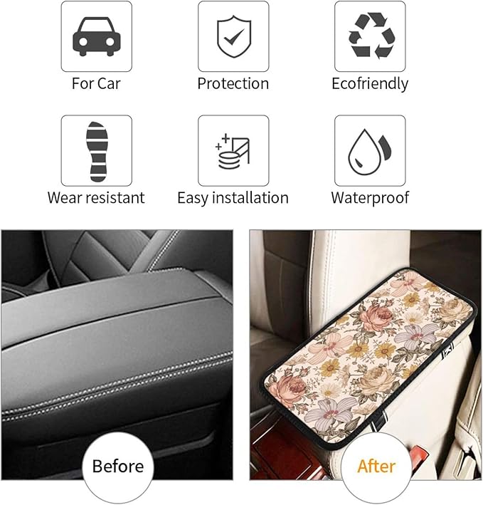 Vintage Floral Boho Peony Daisy Car Center Console Cover Car Armrest Cushion Waterproof Middle Console Cover Car Arm Rest Cover Pad Comfortable Car Accessories Interior for SUV Sedan Truck