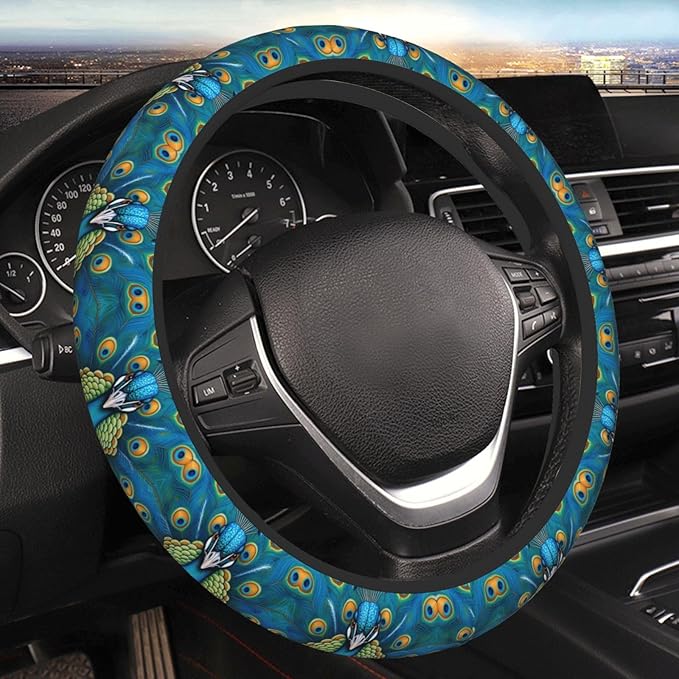 Peacock Feather Painting Universal Fit Steering Wheel Cover for Car, Truck, and SUV, Durable Steering Wheel Protection