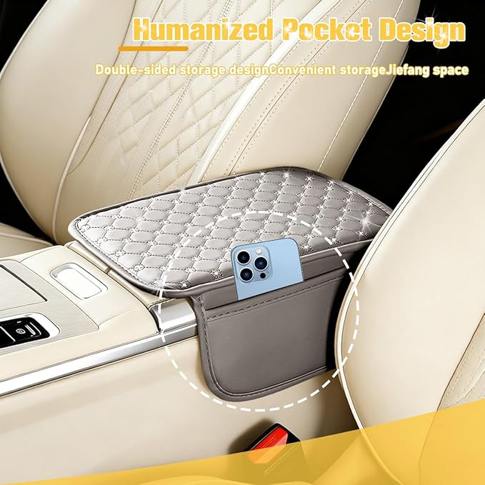 Car Center Console Cover, Leather Vehicle Armrest Storage Box Protector with 2 Storage Bags, Automotive Interior Middle Console Cushion Pad, Universal for SUV Sedan Truck (Gray)