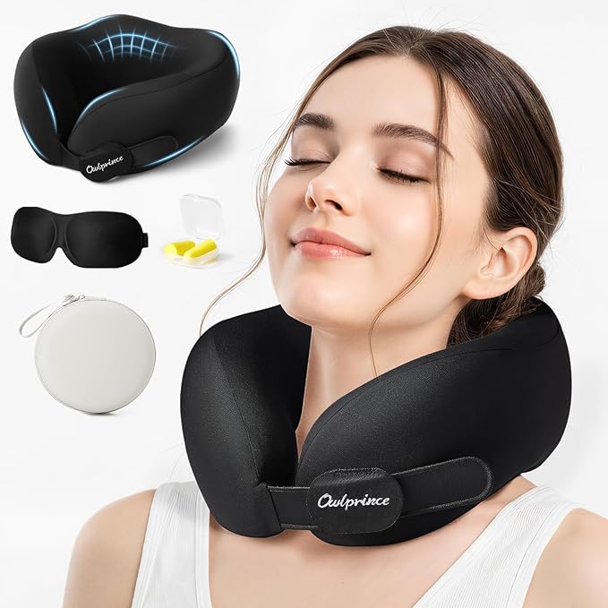 Owlprince Travel Neck Pillow for Airplane, Neck Travel Pillow, Upgraded Soft 100% Pure Memory Foam - Lightweight and Stowable - Ergonomic Design for Long Flights, Car, Train, Office Use