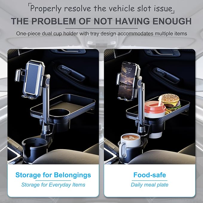Car Cup Holder Tray, 4 in 1 Drink Holder Expander with Expandable Food Tray Table, for Road Trip Essentials & Daily Commute (Tray(9.05" * 5.7"))