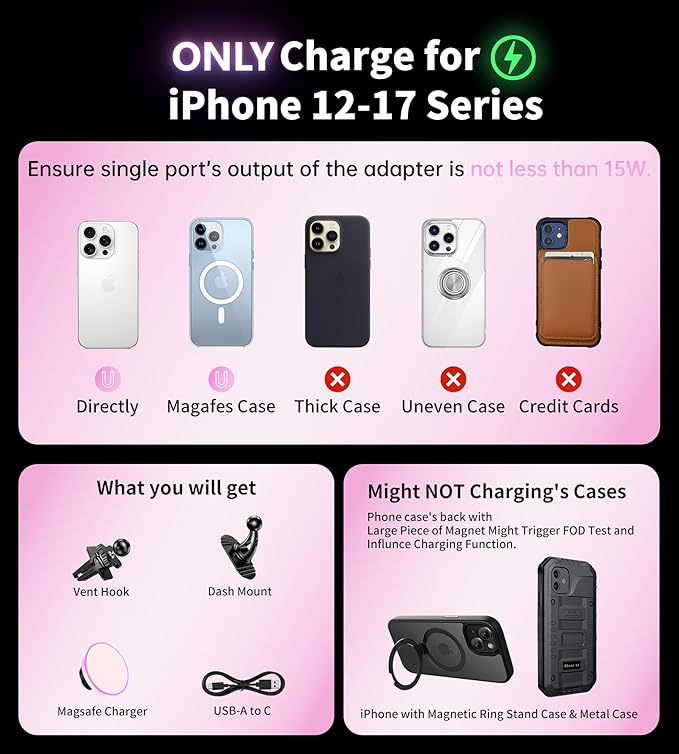 for Magsafe Car Mount Charger, [2025 Upgrade] 15W 2in1 Magnetic Wireless Car Charger, for Magsafe Car Charger, Vent/Dashboard Phone Holder, ONLY for iPhone 17 16 15 14 13 12 Series (Pink)