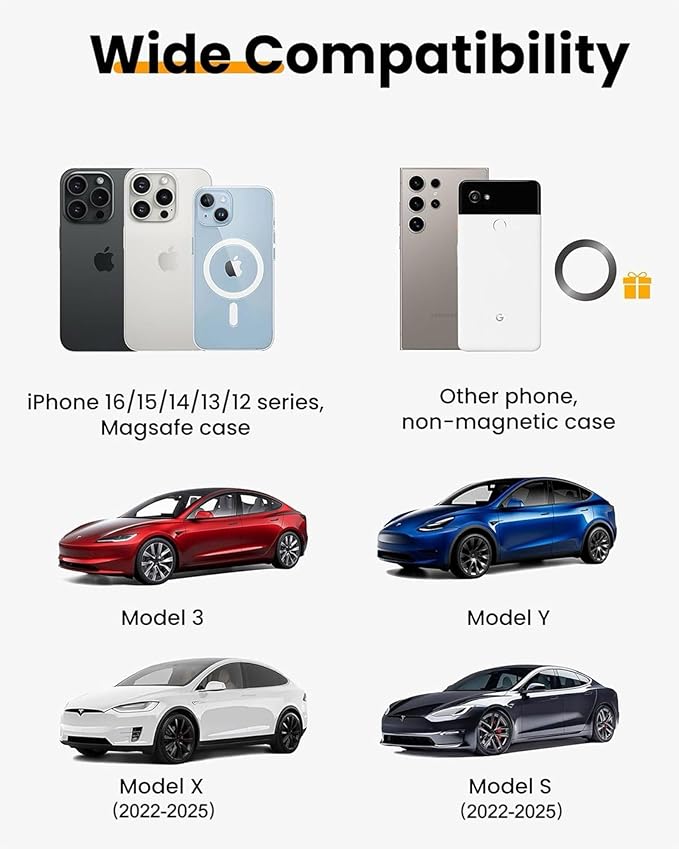 2026 Upgrade Tesla Phone Mount [Non-Adhesive Version] [N55 Strongest Magnet] Hands-Free No-Drop for Magsafe, Fits for Tesla Model Y/3/X/S/Cybertruck, Compatible with iPhone 17/16/15 All Phones