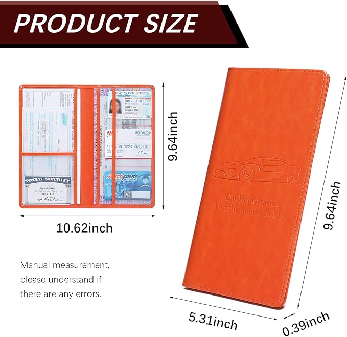 Peisicne Car Registration and Insurance Card Holder for Women Men, Orange Glove Box Paperwork Organizer with Magnetic Buckle for Easy Access and Protect Documents and Various Cards in Vehicle