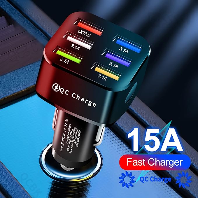 Amiss Car Charger Adapter, 6 USB Multi Port, Fast Charger, Include QC 3.0 and 5 Other Ports, Car Interior Accessories, Fit for iPhone 13/12/11/pro，Samsung Galaxy/Note S10/S9/S8 - Bright Black