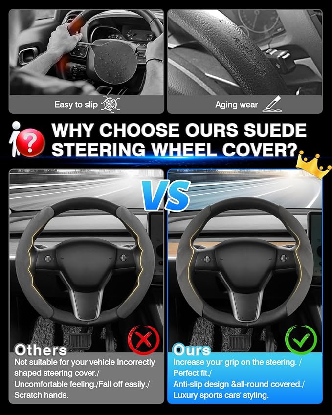Shademax Custom-Fit for Tesla Steering Wheel Cover, Tesla Model Y / 3 2017-2025 2026 (Fit Model Y Juniper 2026/ Model 3 Highland) Suede Steering Wheel Cover Protector Model Y/ 3 Accessories (Gray)