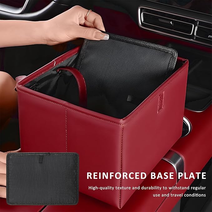Car Trash Bin, Foldable Leather Auto Rubbish Can with Reinforced Bottom & Trash Bags, Waterproof Hanging Garbage Can Backseat Storage Box for Most Vehicles, Car Accessories (Red)