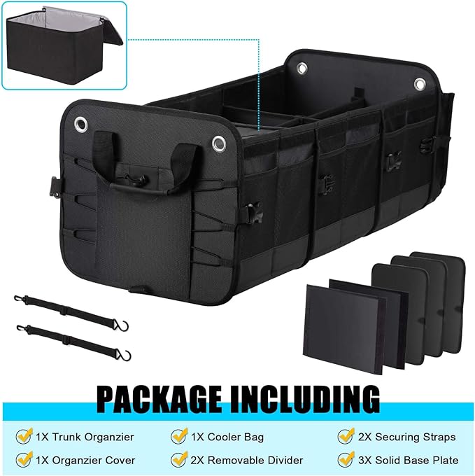 MOJIOO Large Trunk Organizer for Car, SUV, Truck with Removable Cooler Bag-Collapsible Multi Compartments w/Foldable Cover, Non Slip Bottom Cargo Storage (Black)