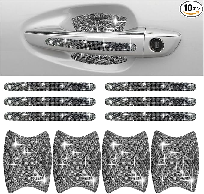10PCS Bling Car Door Handle Anti-Scratch Sticker, Bling Car Door Handle Sticker, Universal Car Doors Handles Protective Cover, Shiny Rhinestone Auto Decor Accessories for Women (Glossy Black)