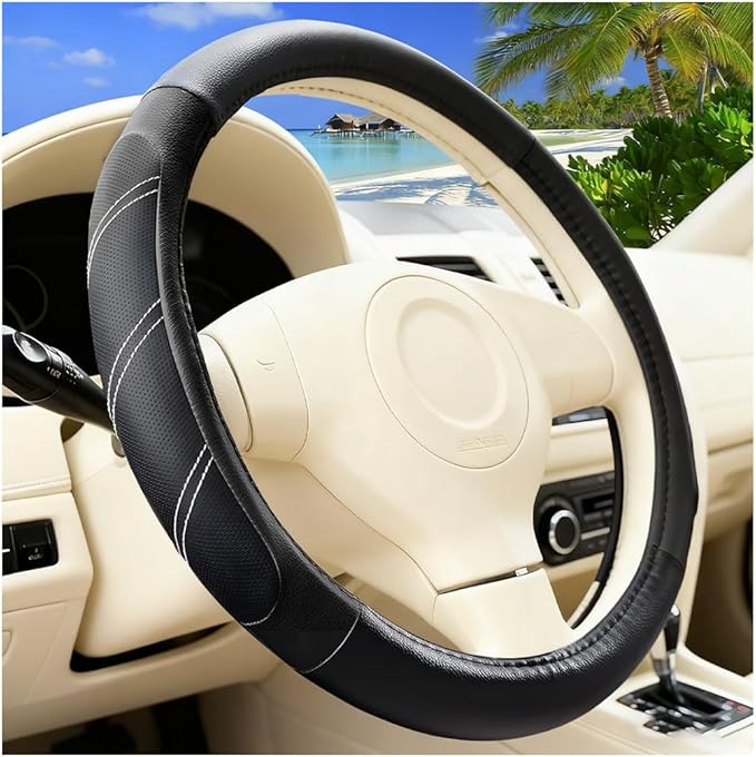 Car Steering Wheel Cover, 14.5-15" Non-Slip Leather Sporty Vehicle Steering Wheel Protector, Breathable Auto Interior Decoration Accessories, Universal for Van Truck Sedan (Black)