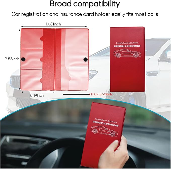 Car Registration and Insurance Holder, 10.39''×9.56'' Essential Auto Card Document Glove Box Organizer with Closure, Car Interior Accessories (Red, Large Car)