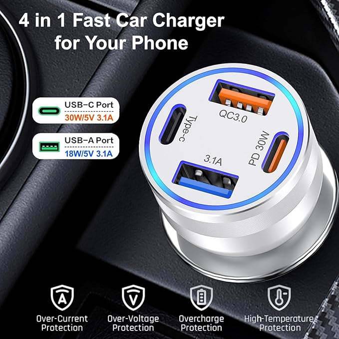 [2-Pack] Car Charger USB C, 4 in 1 65W Fast Charging 4-Port Dual USBC & USB A Car Phone Charger Cargador Carro Lighter Adapter for iPhone 17 16 15 14 13 12 Pro Max, iPad, Samsung,Tablet, Android