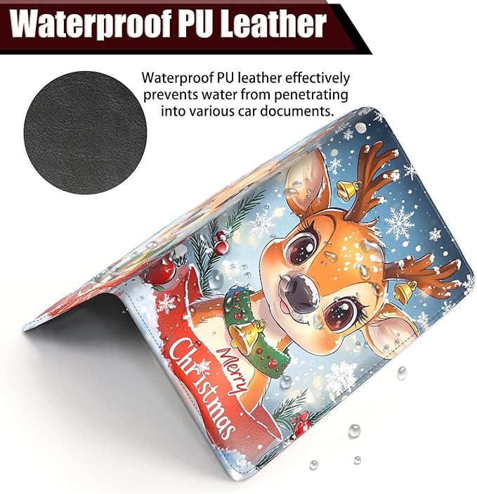 Car Registration Holder, PU Leather Vehicle Glove Box Organizer for Driver License, Document, Car Insurance Holder with Magnetic Shut, Auto Paperwork Wallet Case Accessories, Christmas Reindeer