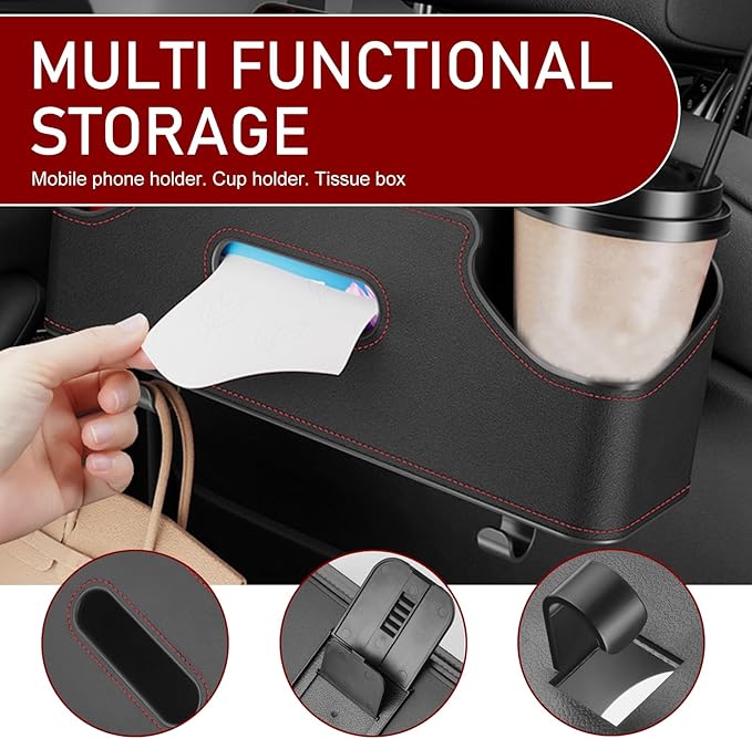 Car Back Seat Storage Box, Leather Car Seat Back Multifunctional Organizer, Detachable Partition Design Backseat Storage Box for Cars, Great Fit for Kids and Travel (Black)