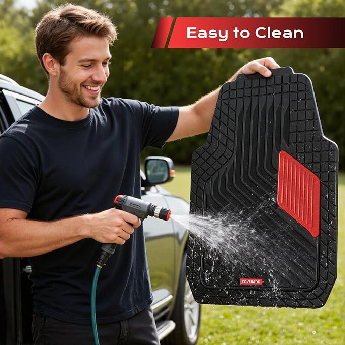 Coverado Heavy-Duty PVC Car Floor Mats Full Set – Red Metallic Heel Pad, All-Weather Protection for Front & Rear, Non-Slip Backing, Easy-to-Clean Liners, 4 Pcs