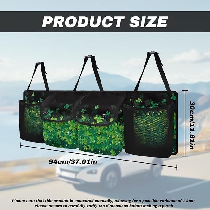 Lucky Leaf Hanging Trunk Organizer, St. Patrick's Day Foldable Car Trunk Organizer Back Seat with 4 Large Pockets, Hanging Trunk Organizer Universal for Vehicles (with Mesh Bag)