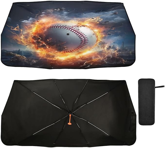 Maunzc Baseball Fire Car Windshield Sun Shade Umbrella - 360° Rotation Bendable Handle Foldable UV Block Sunshade Heat Insulation Protection for Auto, Trucks, Cars