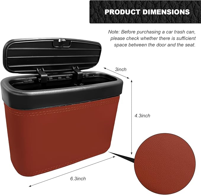 Car Trash Can with Lid, Leather Auto Dustbin Hanging Organizer with Mounting Clip, Multi-Purpose Leakproof Vehicle Garbage Bin Storage Container for Cars SUVs RVs (Brown)