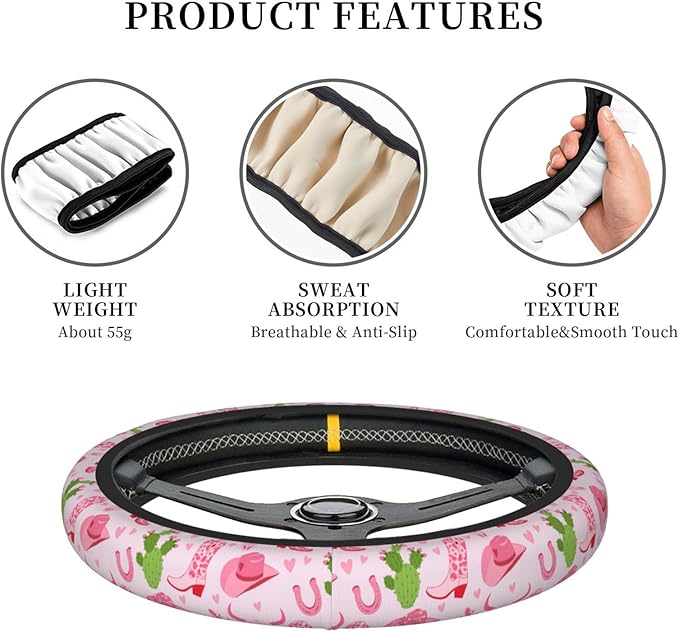 Cowgirls Cactus Pink Steering Wheel Cover for Women Elastic Rubber Steering Wheel Universal 15 Inch Fit for Cars, Auto, SUVs