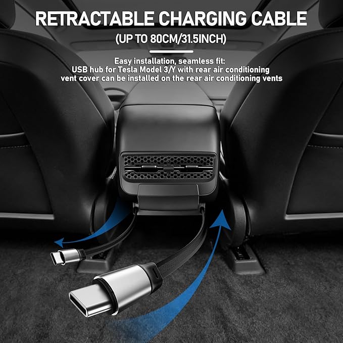 Rear USB Charger Hub for Tesla Model Y 2021-2024 Accessories- 4-Port Fast Charging Hub with Sliding Cover, 2 Type-C Docking Station for Tesla Model 3 Highland 2021-2023
