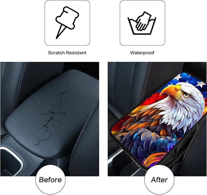 JANENFNA Car Armrest Cover Pads Universal Fashion Cute Auto Center Console Armrest Cover Pad with 2PCS Car Coasters Soft Waterproof Car Armrest Seat Protector for Women,Flag Eagle a