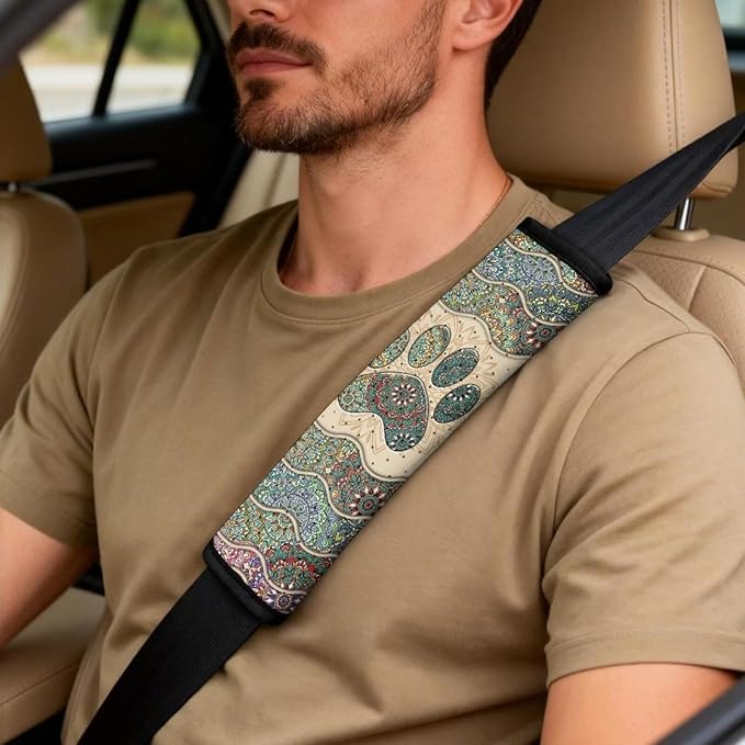 FUSURIRE Boho Paws Print Car Accessories Full Set 5 Pack PU Leather Seat Covers for Cars Seat Belt Cover Armrest Cushion Breathable Auto Interior Accessories for Women Men