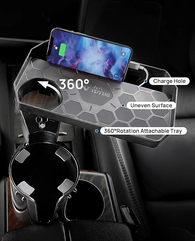 JOYTUTUS Cup Holder Tray, 10 inch Car Food Tray for Eating with Phone Holder, Car Cup Holder Expander and 360° Rotating Car Cup Holder Tray Table fit in 2.75-3.25 inch Car Holder, Travel Essentials