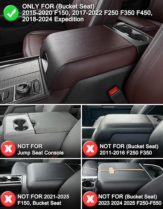 KBH Center Console Armrest Cover for 2018-2020 Ford F150, 2017-2022 F250-F450, 2018-2024 Expedition, Bucket Seat, PU Leather Cushion Pad, Anti-Scratch, Dark Marsala Brown (Not for Other Years)