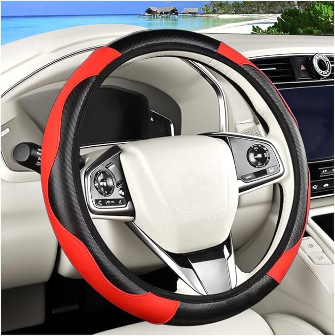 Carbon Fiber Car Steering Wheel Cover, 14.5-15 Inch Elastic Stretch Steering Wheel Guard, Sports Style Non-Slip Automotive Interior Accessories, Universal for Vehicles (Black/Red)