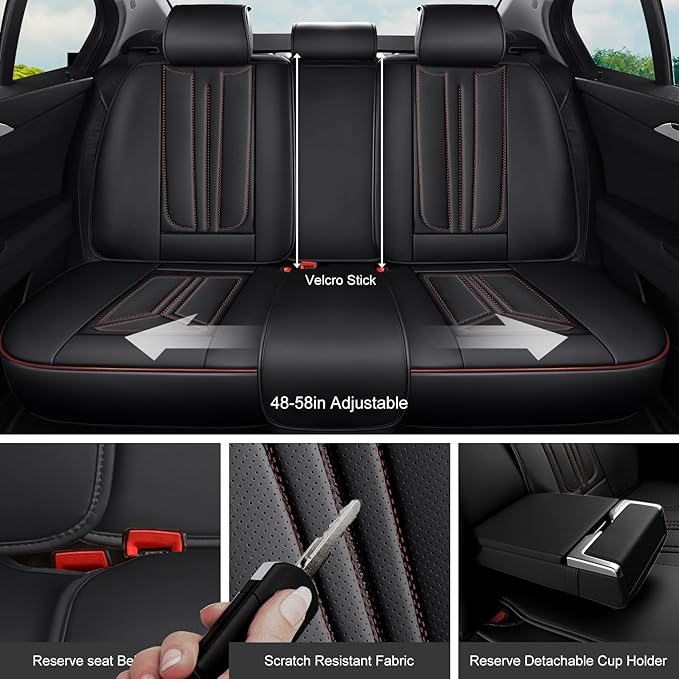 SCDOOCA Car Seat Covers Full Set, Luxury Leather Car Seat Covers, Waterproof and Breathable Seat Covers, Universal Car Seat Protector Fit for Cars, Trucks, SUVs, Pick-ups (Black&Red line, FullSet)