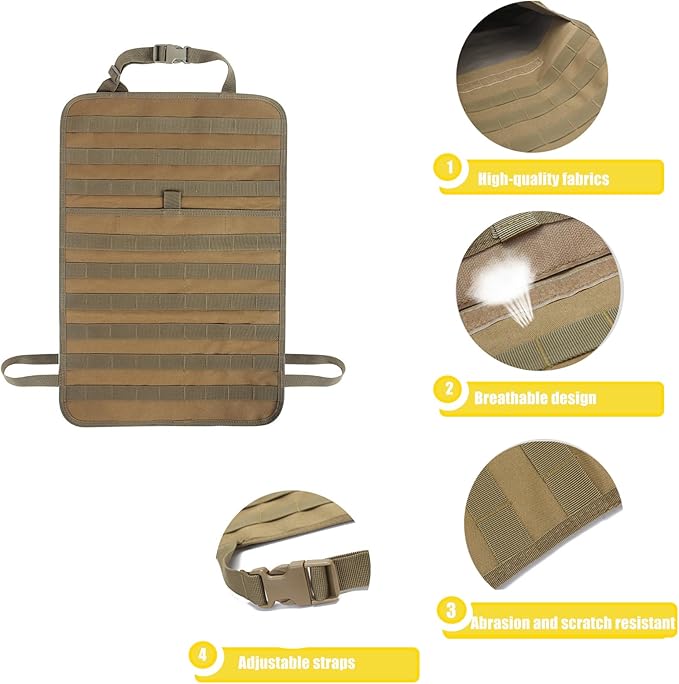 Tactical Car Seat Back Organizer Hanger Bag with 5 Detachable Molle Pouch Vehicle Molle Panel Organizer Storage Bag Universal for for most car models (Khaki)