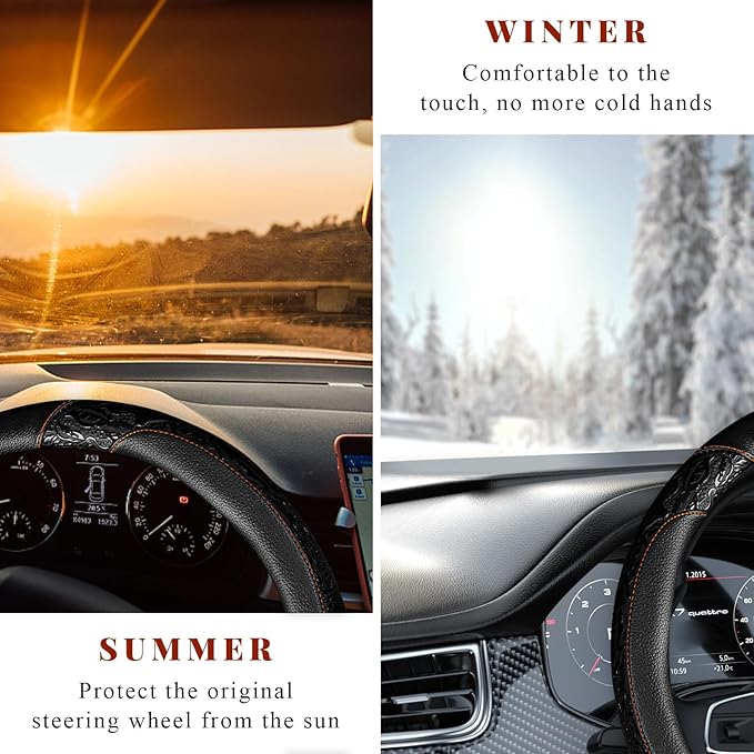 Leather Car Steering Wheel Cover, 15" Crocodile Pattern Anti Slip Car Wheel Wrap with Rose Grain, Four Seasons Universal Auto Steering Wheel Protector for Cars Trucks SUVs (Black & Black)