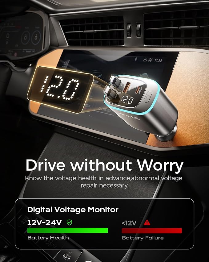 4 in 1 Car Charger, Retractable iPhone Car Charger Fast USB C Phone Charger, Cigarette Lighter with 2 Cable 30 Inch and 2 USB Ports, Multi Port USB Car Charging for iPhone 17/16/15/14/13 Pro Max-2Pack