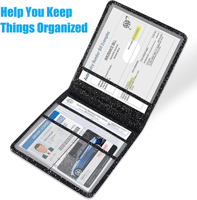 DMLuna Car Registration and Insurance Holder, Folio Leather Vehicle Card Document Glove Box Organizer, Auto Truck Compartment Accessories for Essential Information, Driver License Cards, Glitter Black