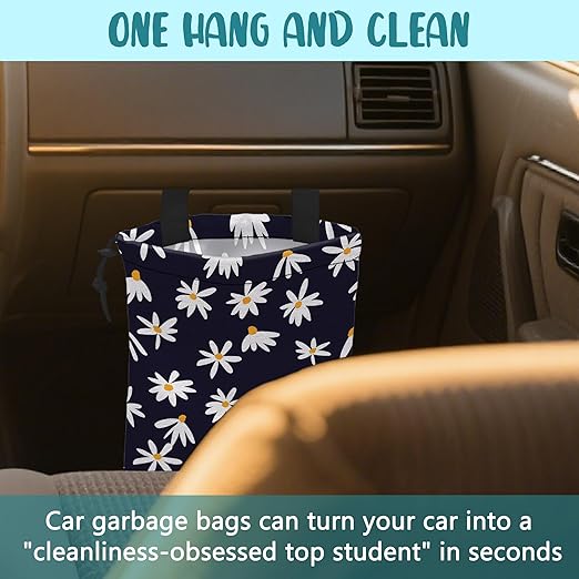 KXWQTRDD Car Garbage Bag Chamomile Flowers Hanging Canvas Car Trash Bag Waterproof Drawstring Car Back Seat Organizer for Car Back Front Seat Console with Adjustable Buckle