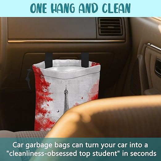 KXWQTRDD Car Garbage Bag Eiffel Tower Red Trees Drawstring Car Trash Bag Hanging for Back Seat with Adjustable Buckle Canvas Vehicle Trash Can Easy-to-Install