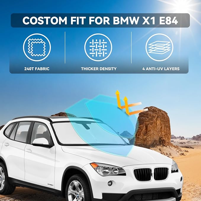 for BMW X1 E84 2011-2015 Windshield Sun Shade - 4 Layers Car Sunshades for Front Windows Shade Cover Custom Fit X1 E84 Sun Visor 240T Retractable Shade Blocks UV Rays Car Accessories
